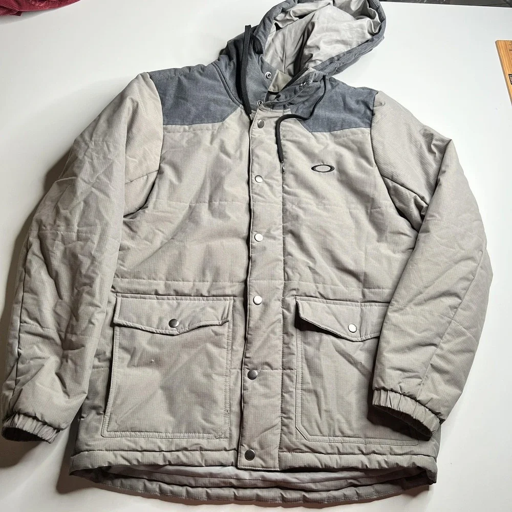 Oakley Mens Hooded Puffer Jacket Grey Ripstop Two-Tone Regular Fit Medium